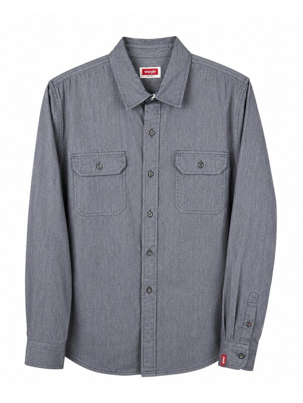 Wrangler Mens Large Gray Work Shirt Button Front Long Sleeve Utility Stretch